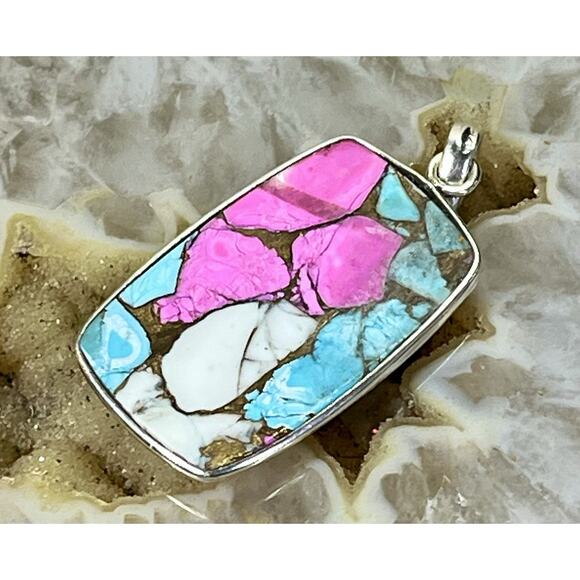 925 Sterling Silver COTTON CANDY Turquoise Cabochon Pendant Handmade Southwest - Picture 8 of 12